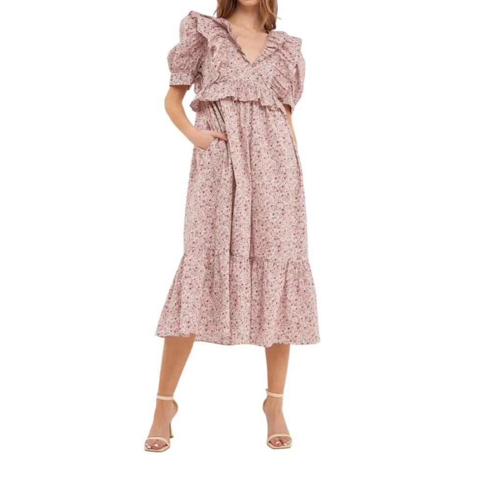 English Factory Cotton Floral Ruffled Midi Dress in Ivory Pink Multi Size S